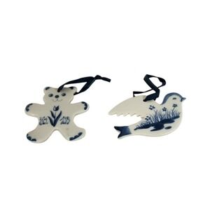 Russ Berrie Ornaments Blue White Ceramic Bear Bird Delft Style Set of 2 Vintage